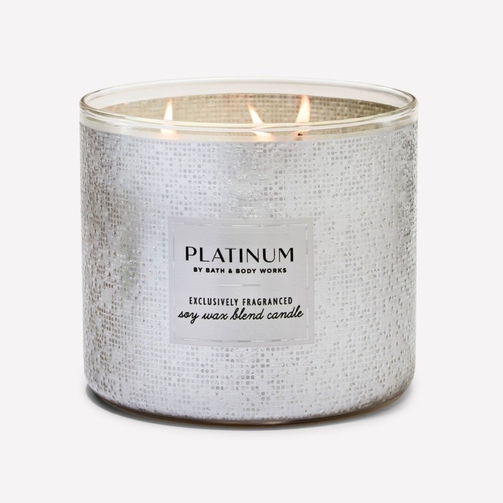 Bath & Body Works Platinum 3-Wick Candle Soy Wax Blend 14.5 oz Silver Holo